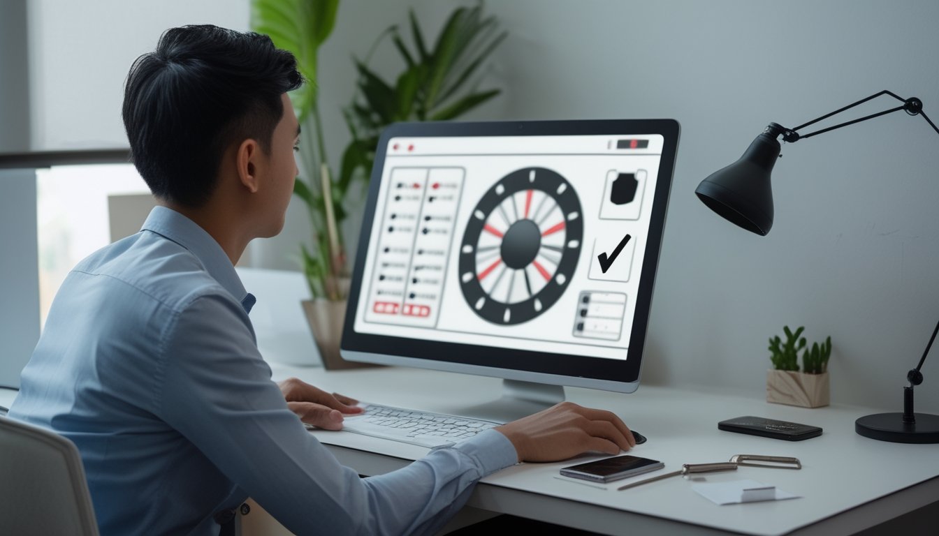 Seorang dewasa Indonesia memeriksa antarmuka roulette di laptop dengan cermat.