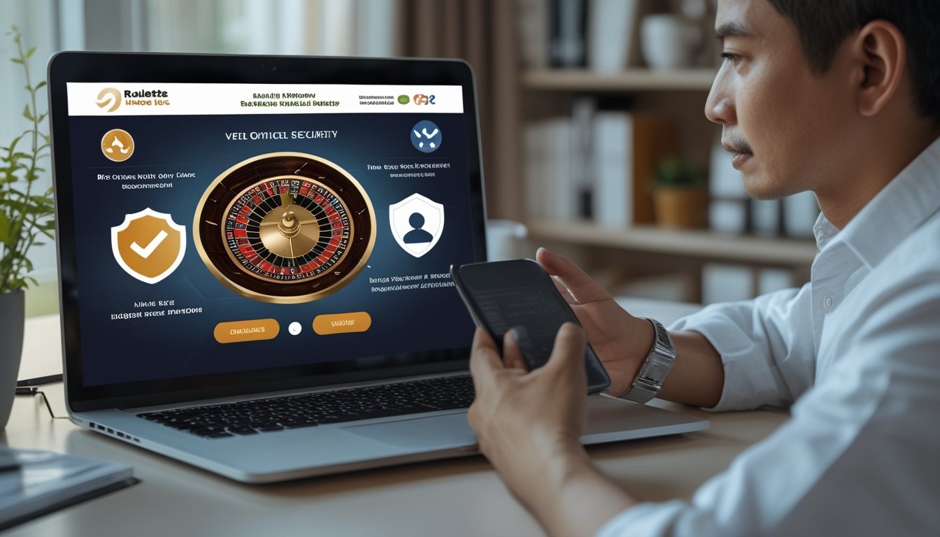 Seseorang memeriksa keamanan dan legalitas platform roulette online melalui laptop dan ponsel.