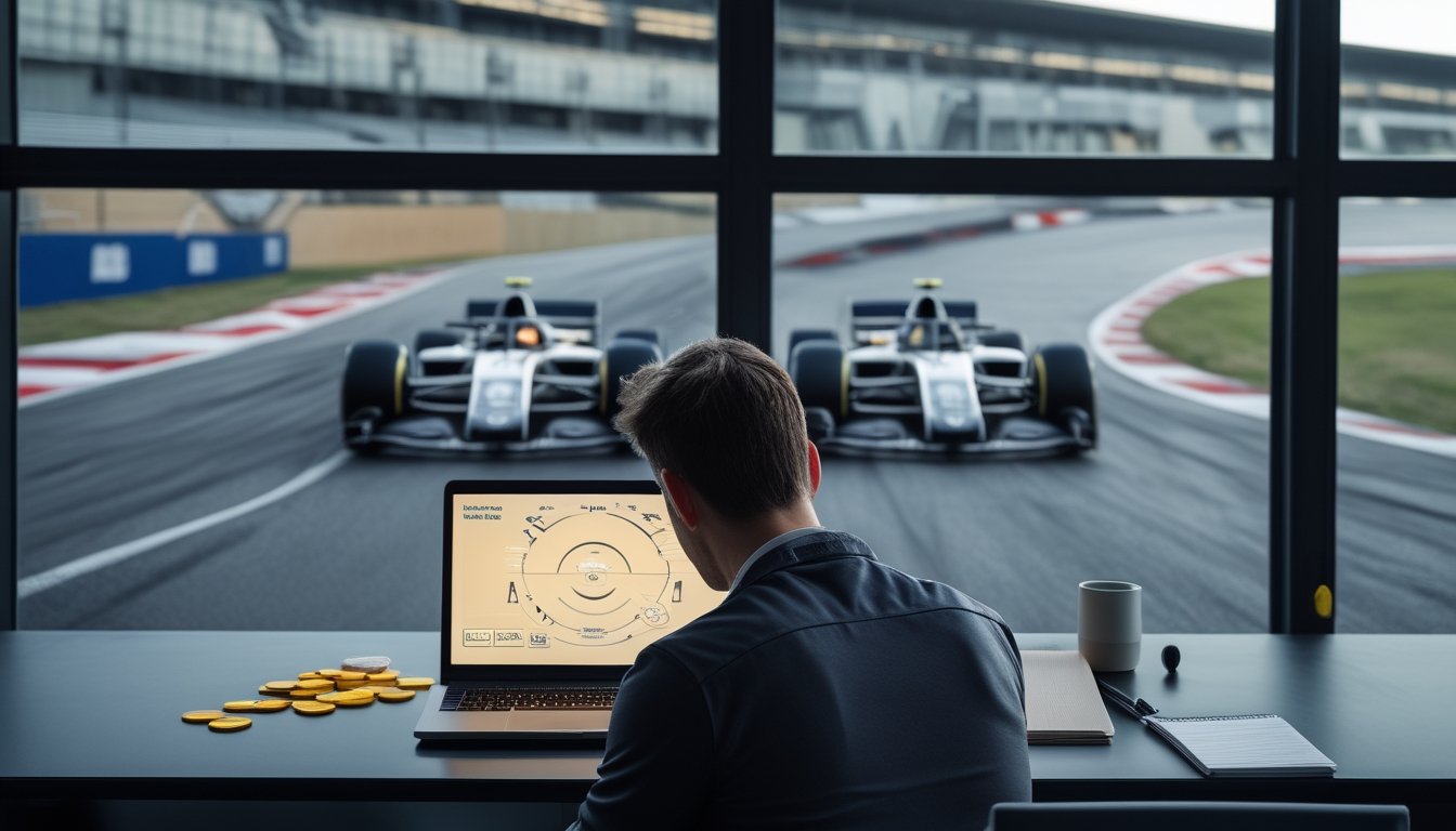 Seorang analis pemula mempelajari data balapan di laptop sementara dua mobil Formula 1 melaju di sirkuit.