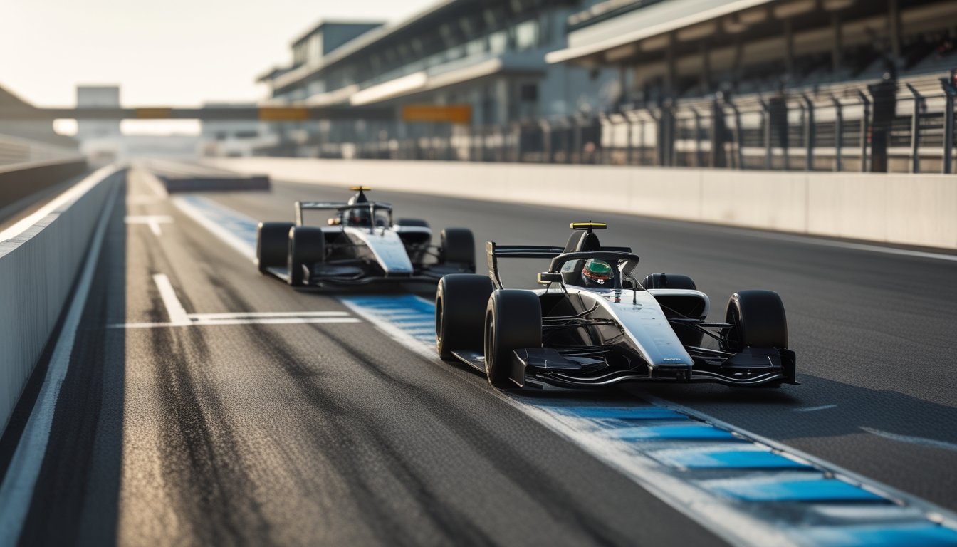 Dua mobil balap Formula 1 melaju berdampingan di lintasan saat salah satunya mencoba menyalip.