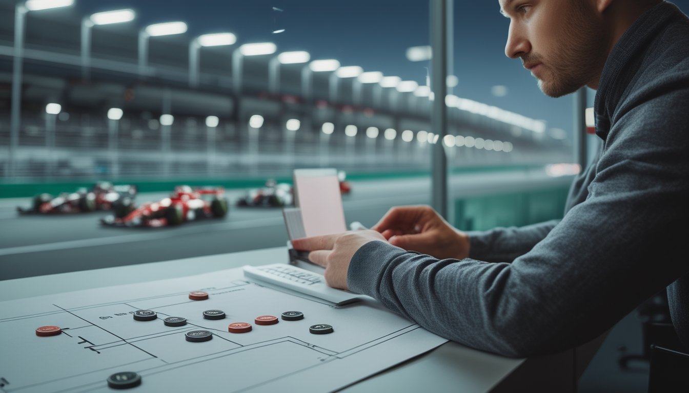 Seorang penggemar balap menyusun token mobil di atas diagram sirkuit sambil menyaksikan mobil Formula 1 melaju.