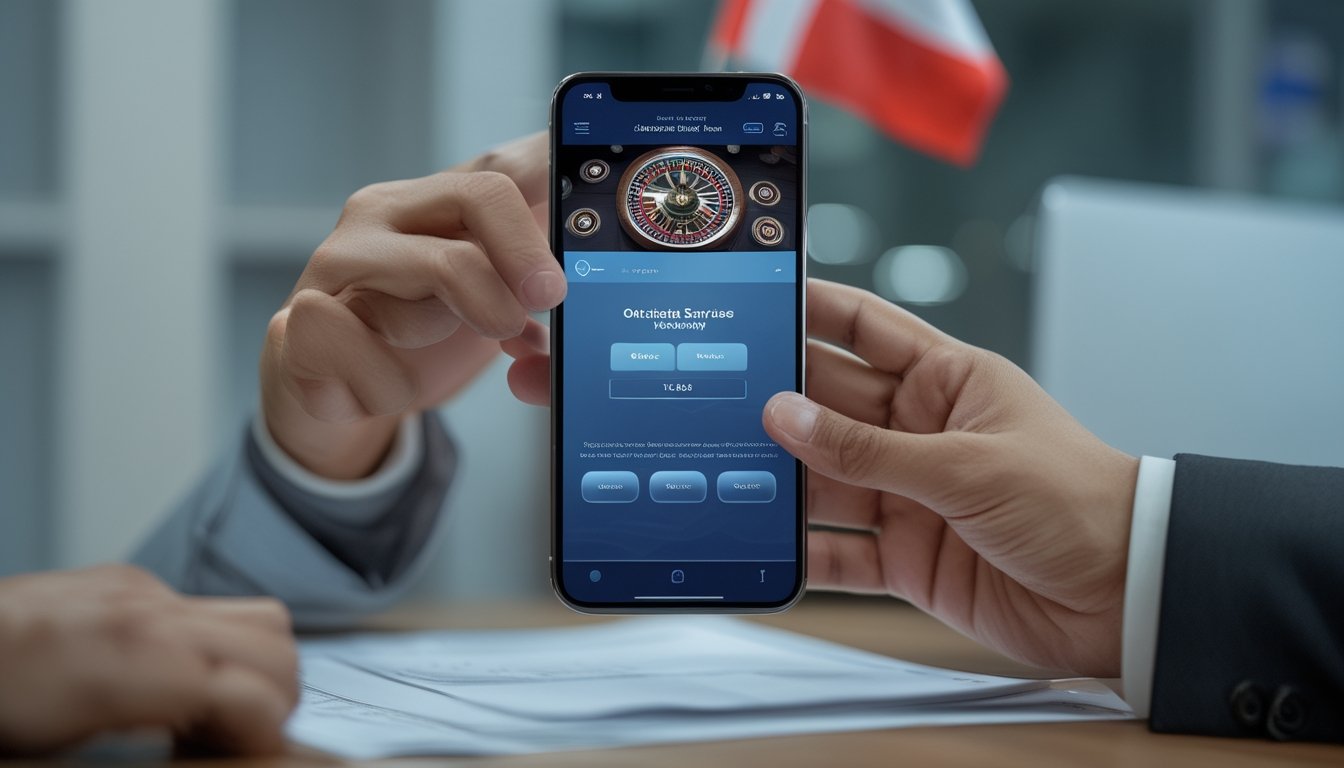 Seseorang memeriksa aplikasi roulette di ponsel sambil membandingkannya dengan dokumen.