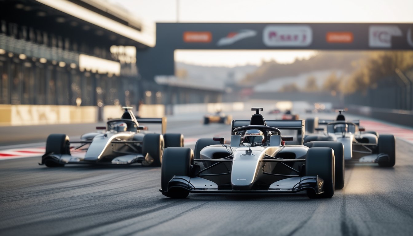 Tiga mobil Formula 1 melaju berdekatan di tikungan sirkuit.