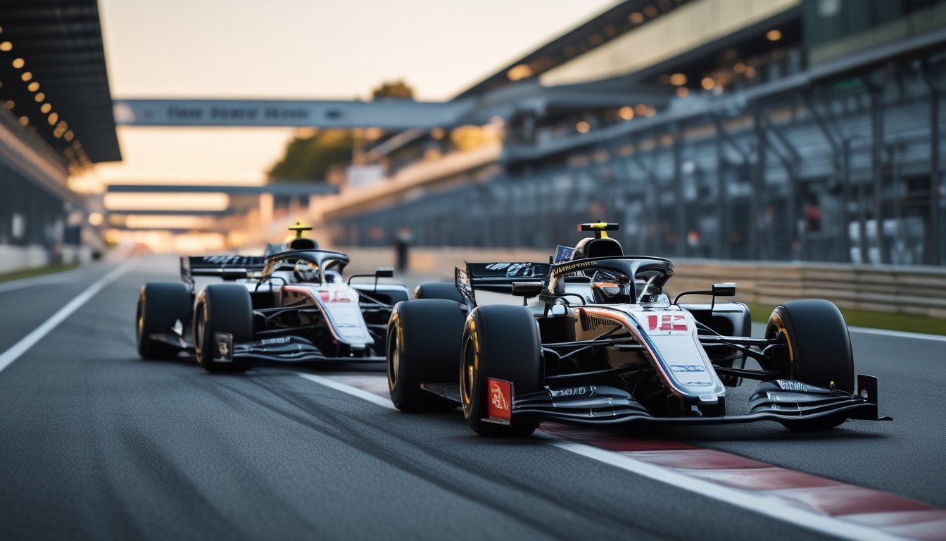 Dua mobil balap Formula 1 dari tim yang sama bersaing berdampingan di tikungan sirkuit.