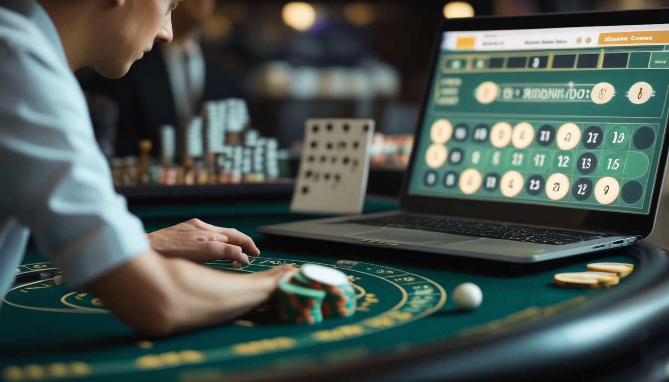 Seseorang mengamati roda roulette di meja kasino dengan laptop dan beberapa keping taruhan.