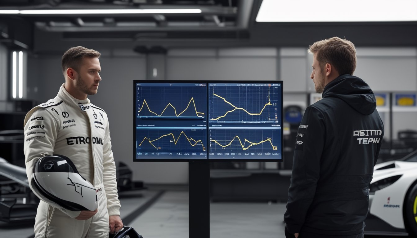 Dua pembalap Formula 1 dan seorang analis membandingkan grafik performa di dalam garasi tim.