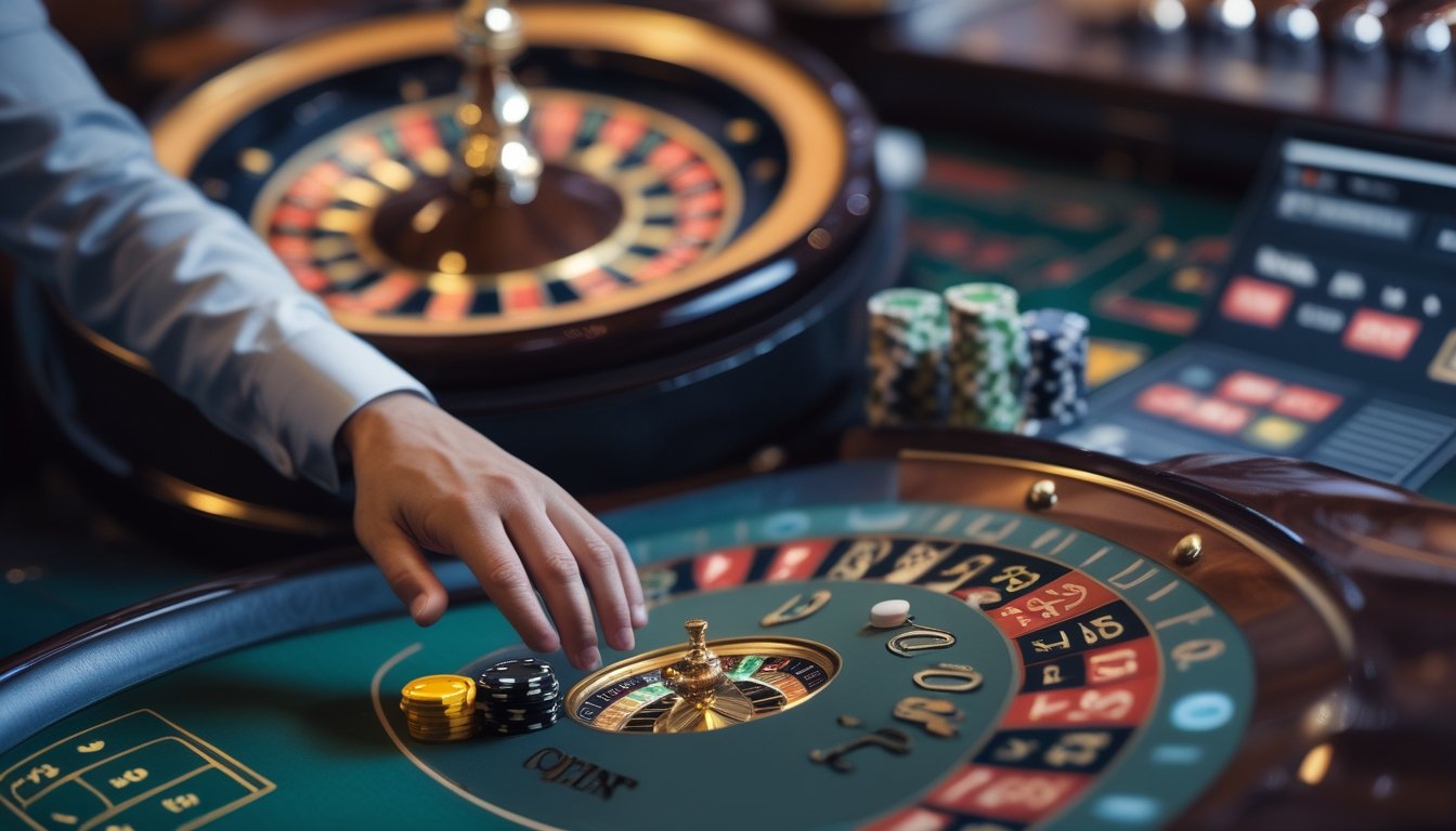 Bola roulette berputar di atas roda sementara seseorang memegang keping taruhan.