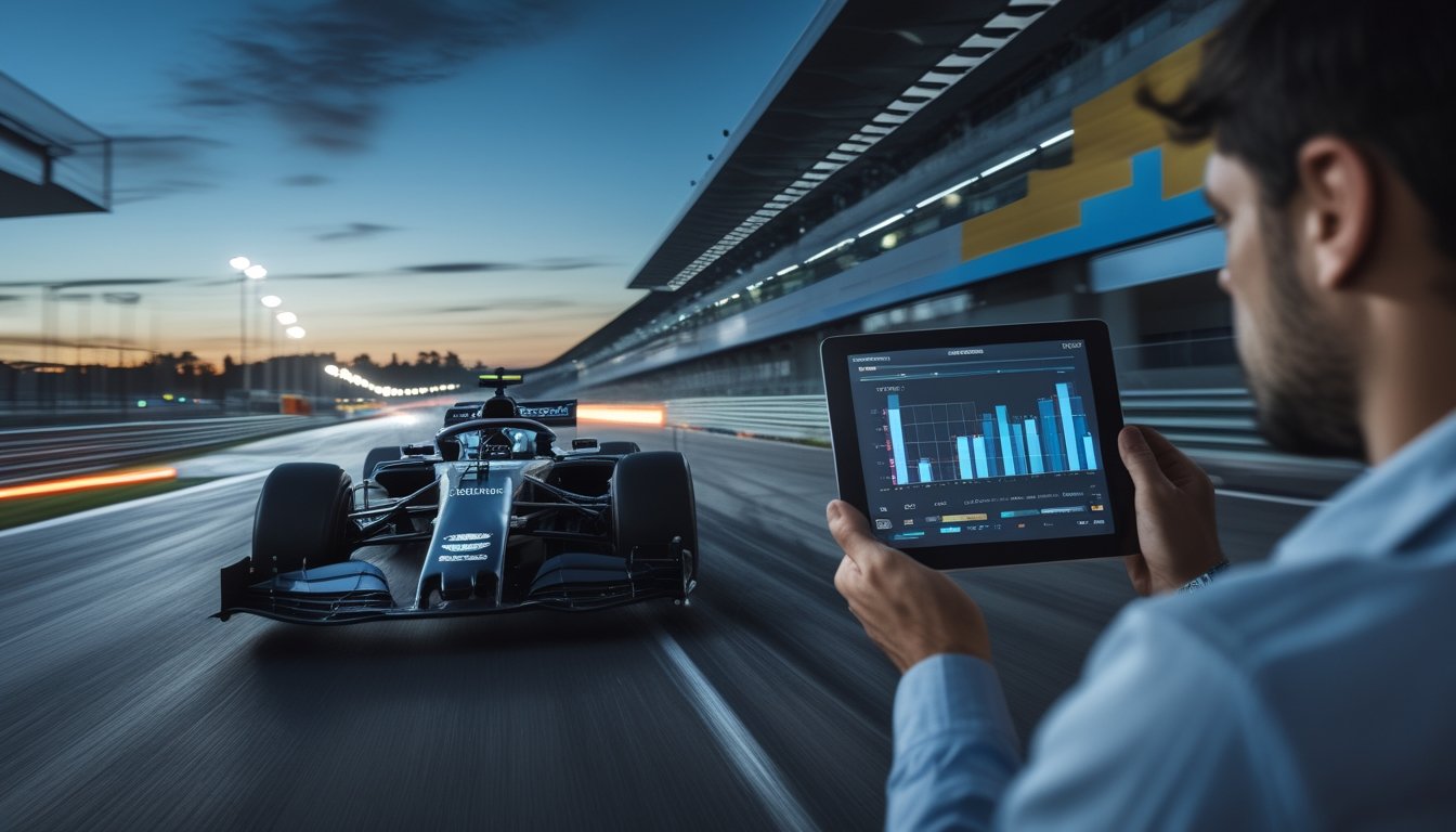 Seorang penggemar melihat tablet saat mobil Formula 1 melaju di sirkuit.