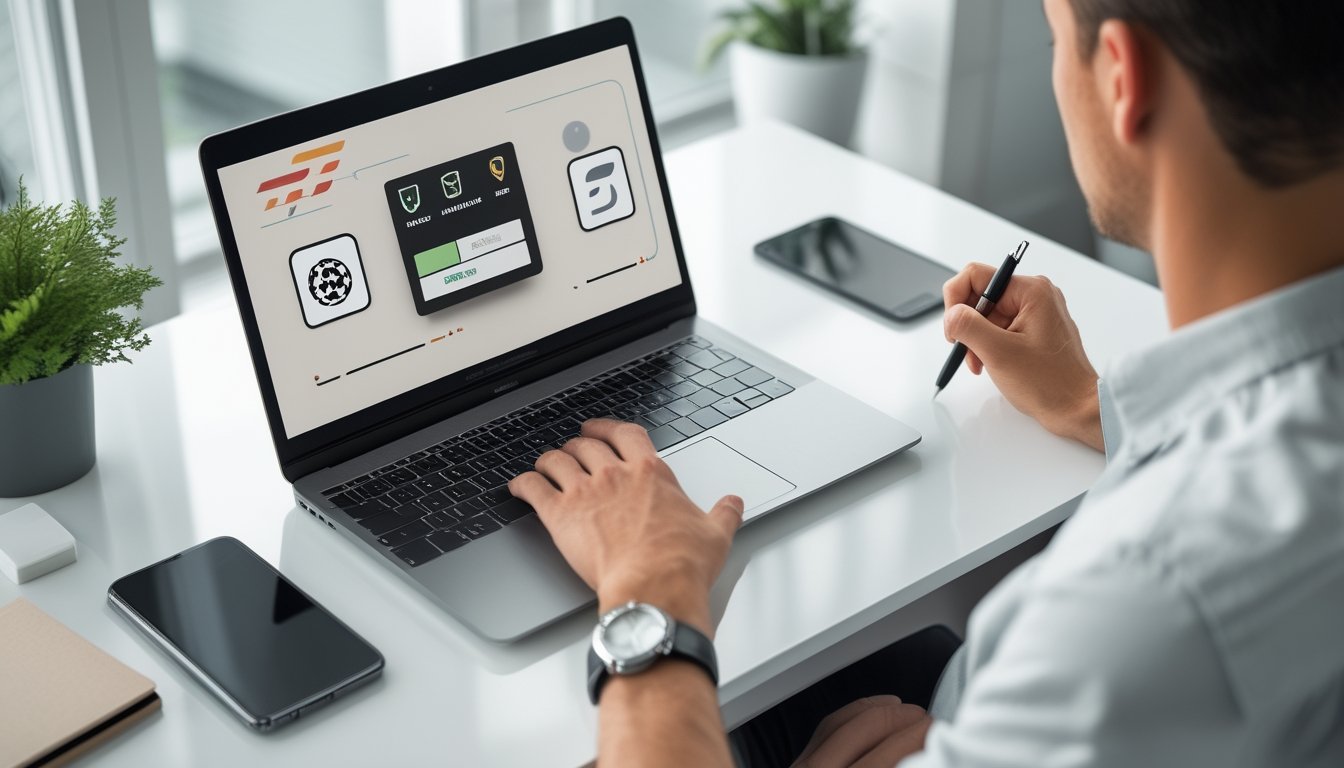 Seseorang memeriksa keamanan platform balap motor melalui laptop di meja kerja.