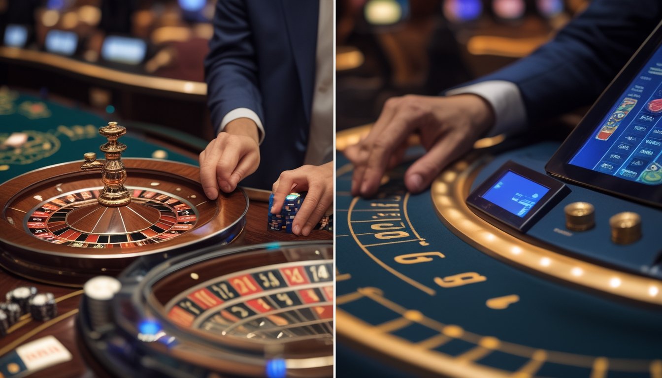 Meja roulette dengan dealer dan kamera berdampingan dengan mesin roulette elektronik.