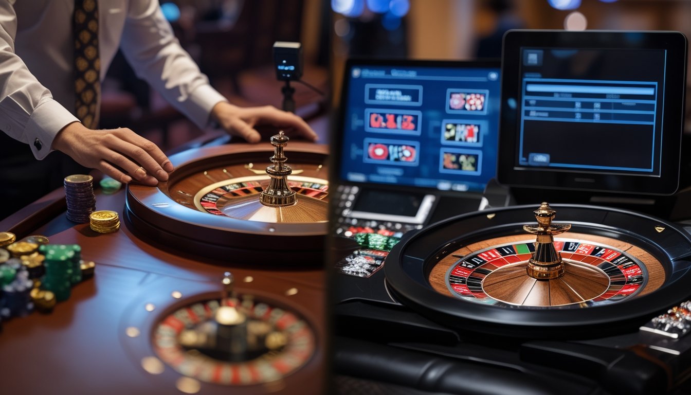 Roda roulette fisik dengan dealer berdampingan dengan terminal roulette elektronik.