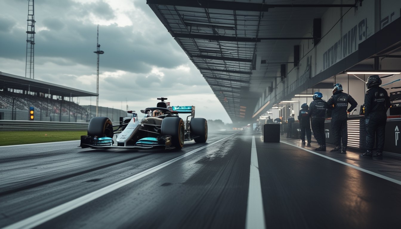 Mobil Formula 1 melaju di lintasan basah sementara seorang ahli strategi memantau data di area pit.