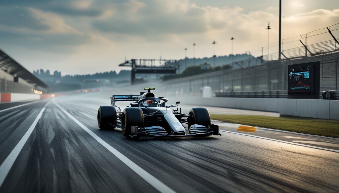 Mobil Formula 1 melaju di lintasan yang sebagian basah, sementara kru mengamati data dari pit.
