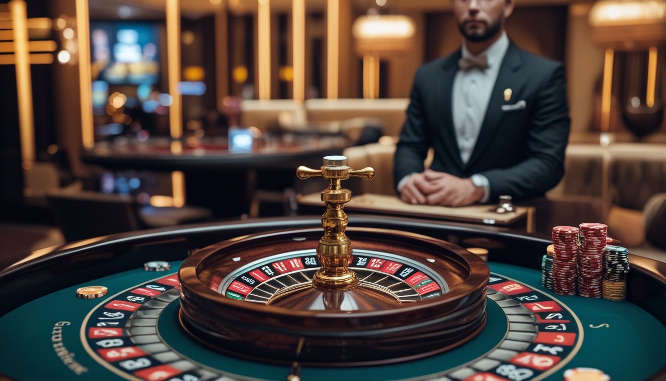 Roda roulette di meja kasino dengan dealer berdiri di latar belakang.