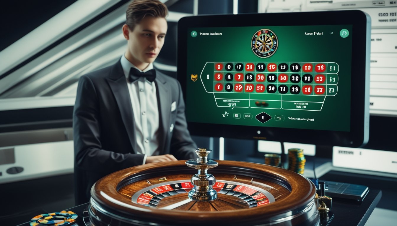 Seorang croupier berdiri di samping roda roulette di studio siaran.