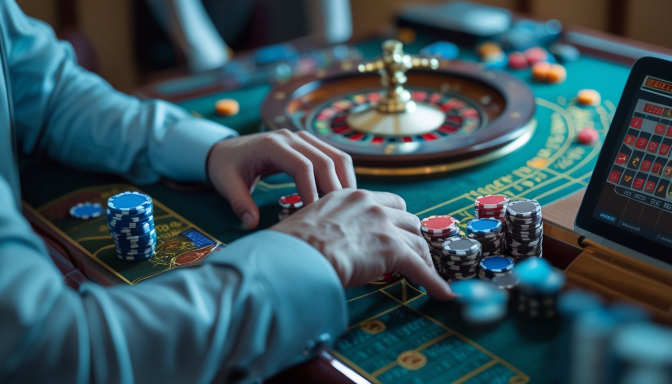 Seseorang mengatur keping taruhan di meja roulette sambil melihat perangkat digital.