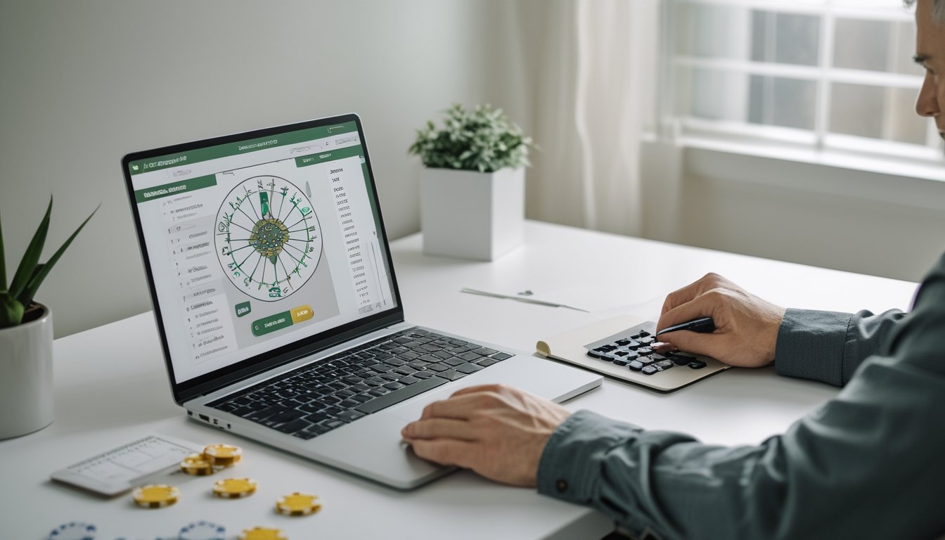 Seseorang merencanakan anggaran di meja dengan kalkulator, buku catatan, dan laptop yang menampilkan roda roulette.