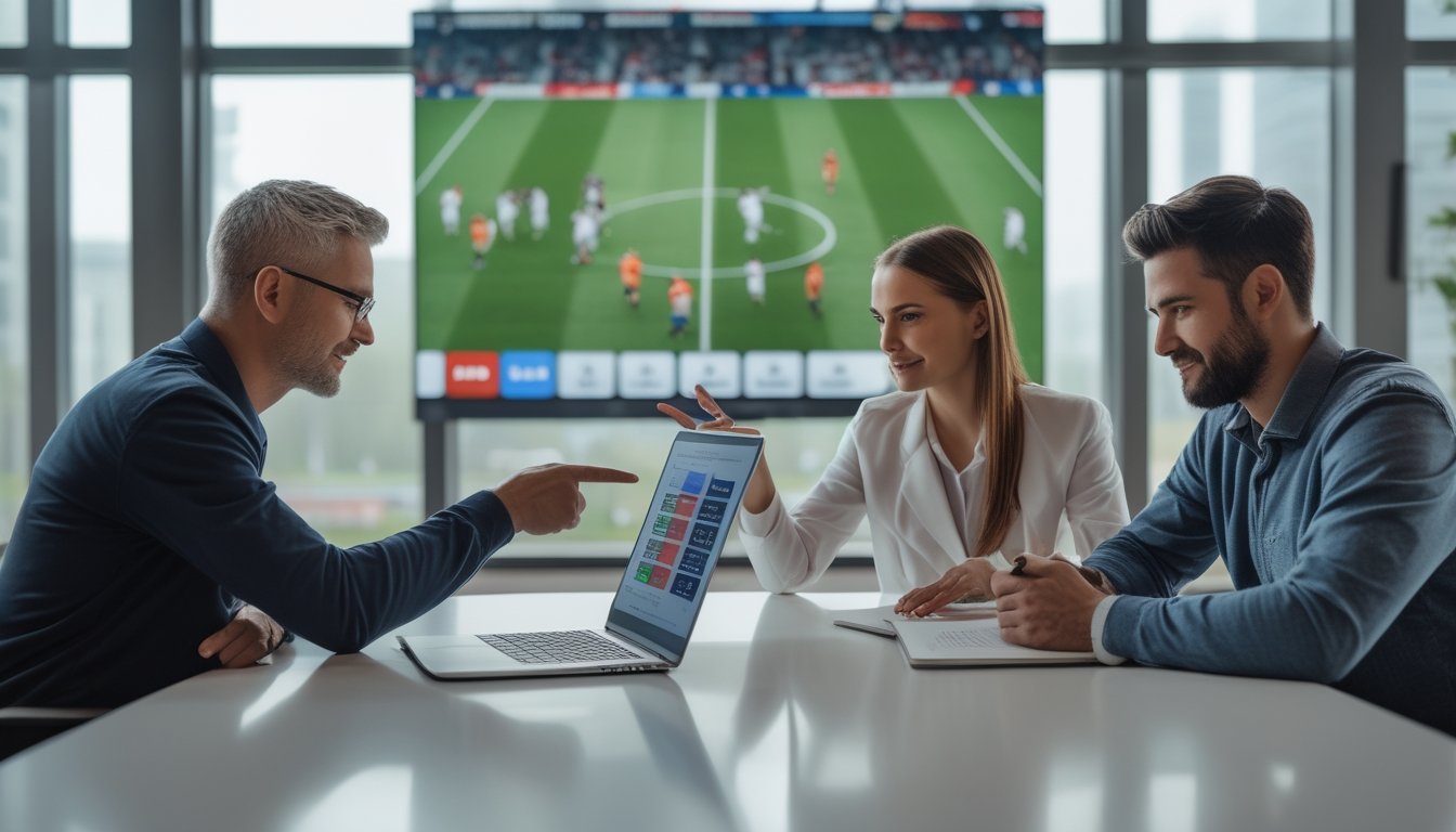 Dua orang berdiskusi sambil melihat pertandingan sepak bola dan membandingkan grafik di perangkat digital.