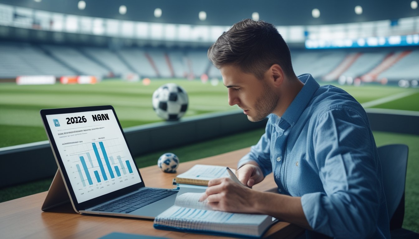 Seseorang mempelajari pertandingan sepak bola dan grafik analisis di depan laptop.