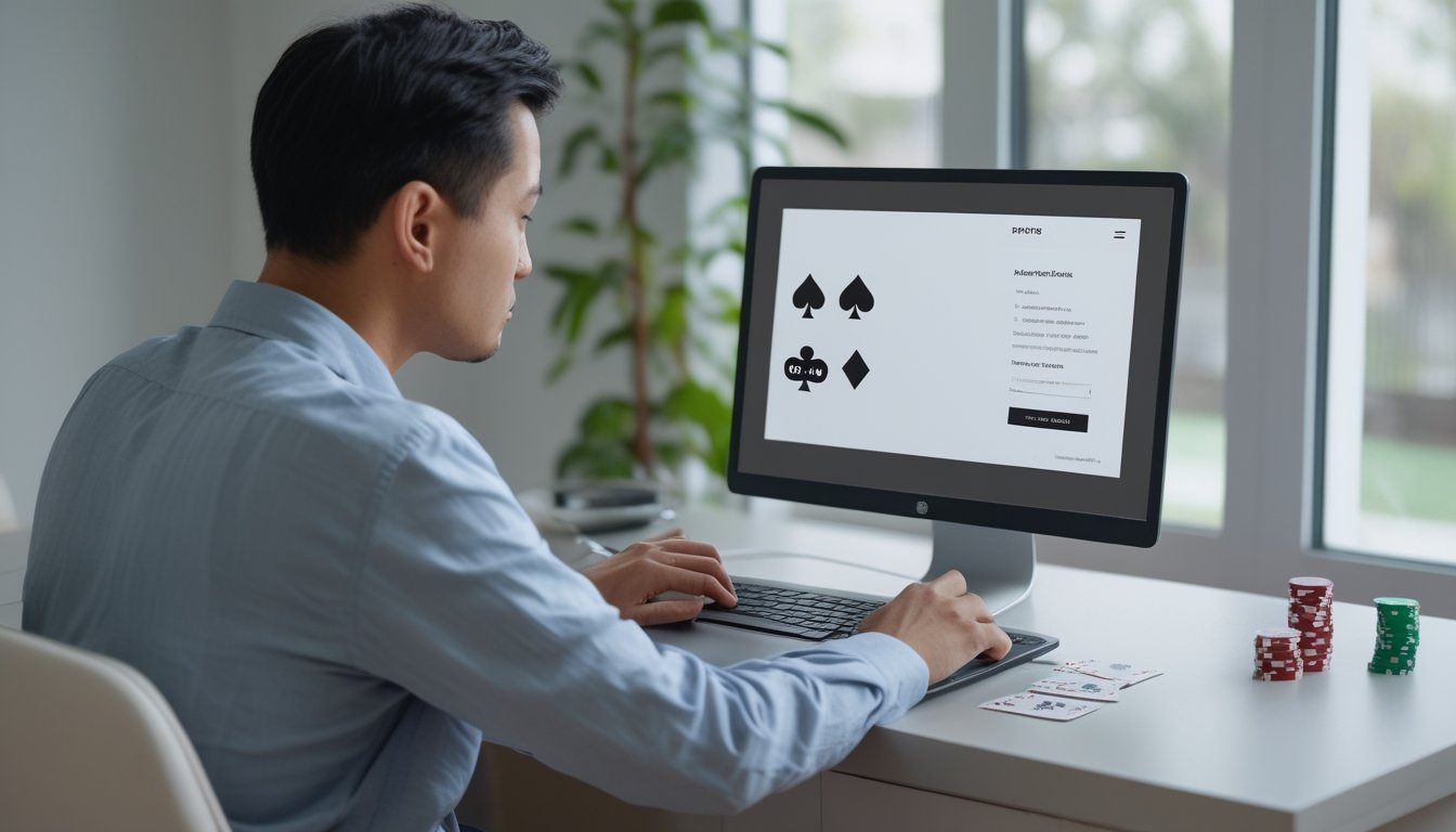 Seorang pemula menggunakan laptop di meja dengan beberapa kartu dan keping poker.