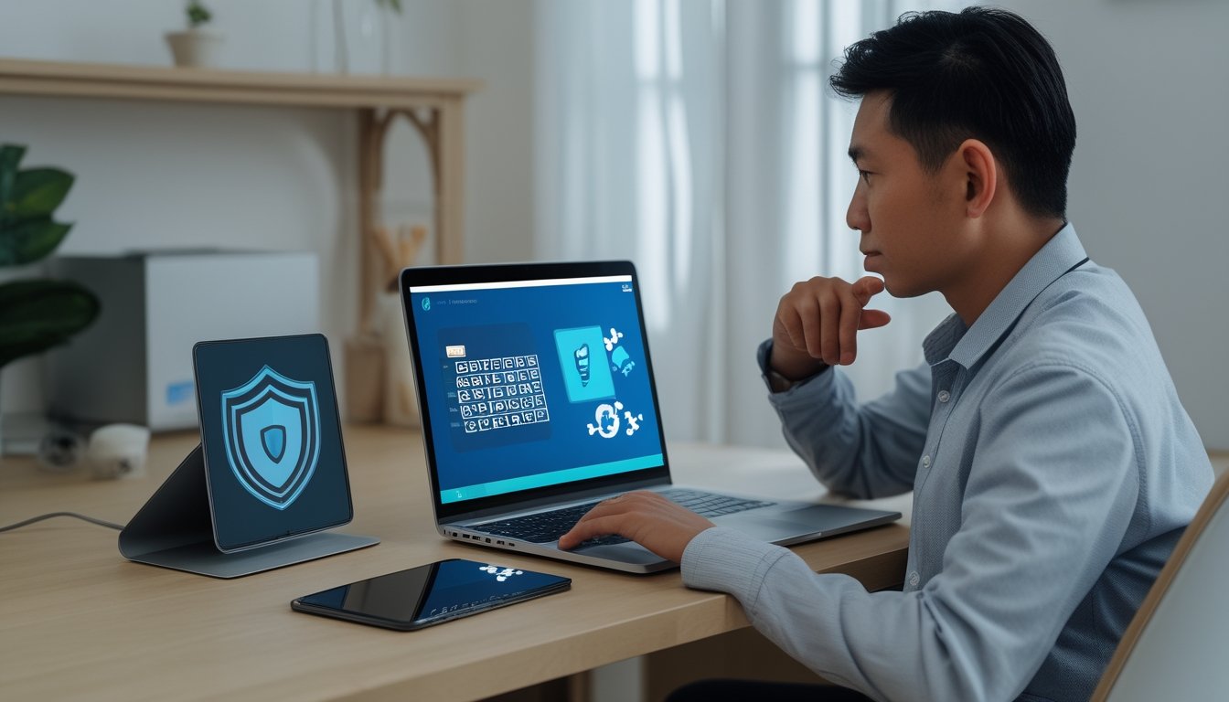 Seorang dewasa memeriksa situs poker di laptop dengan simbol keamanan di dekatnya.