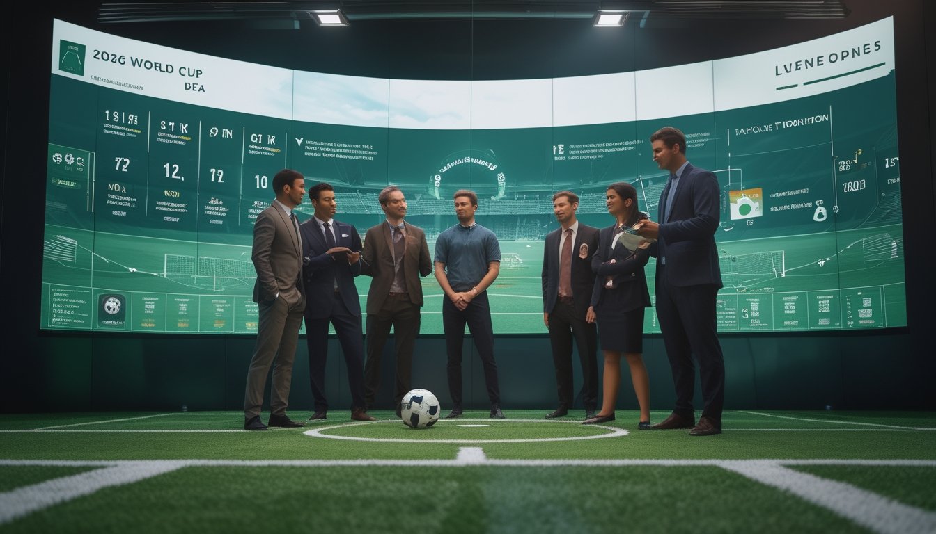 Para analis sepak bola membandingkan statistik tim di depan layar grafik.