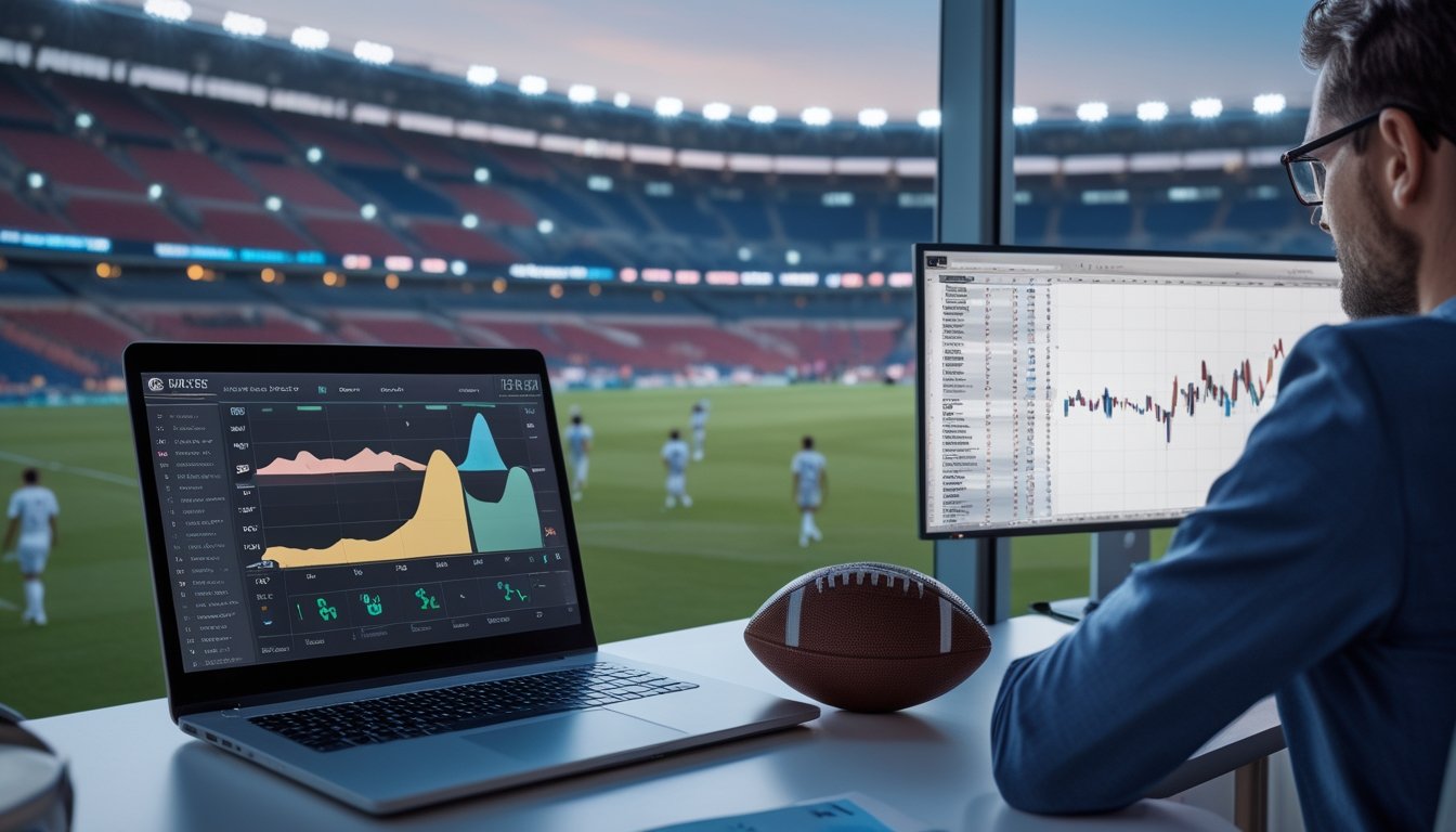 Seorang analis mengamati grafik statistik sepak bola di ruang kerja dengan stadion yang terlihat di latar belakang.