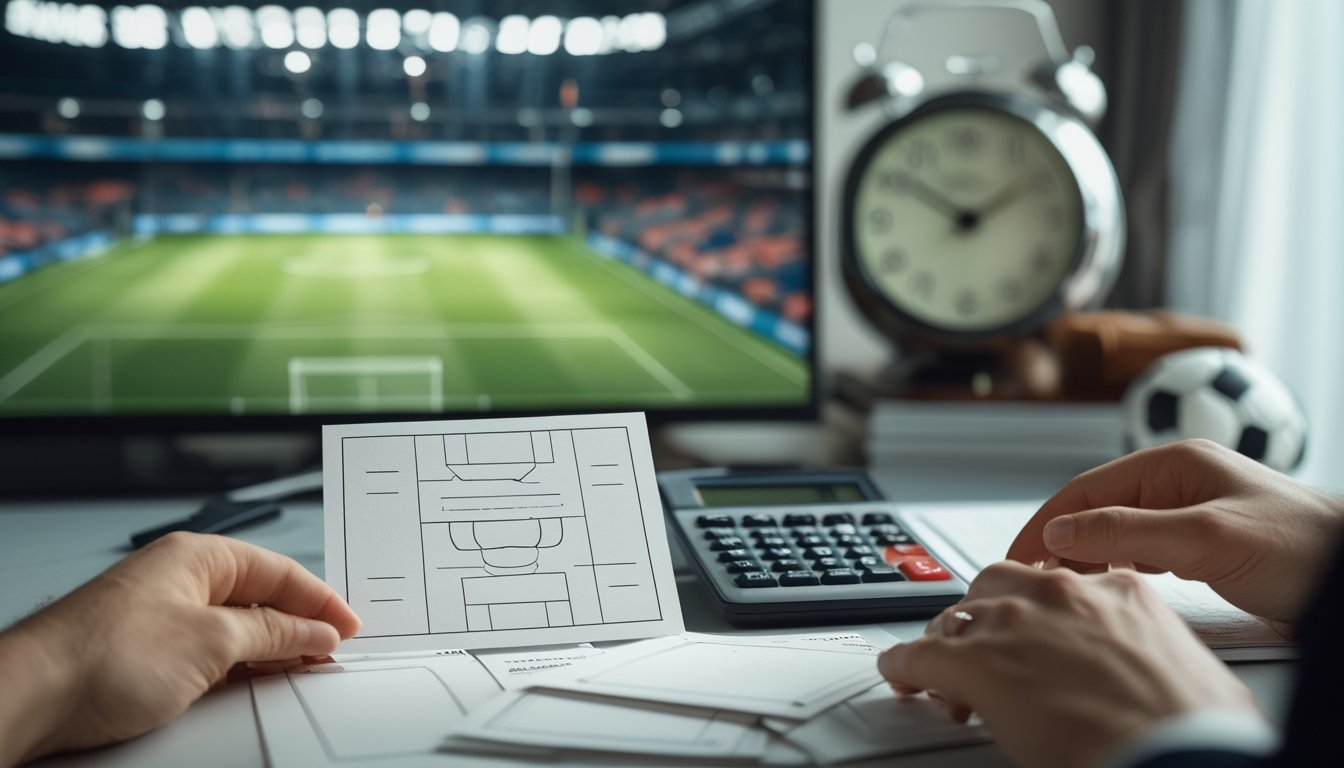 Seseorang menganalisis pertandingan sepak bola dengan diagram lapangan, kalkulator, dan bola.