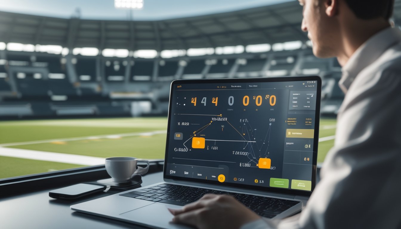 Laptop dengan diagram analisis pertandingan sepak bola di dekat bola di lapangan.