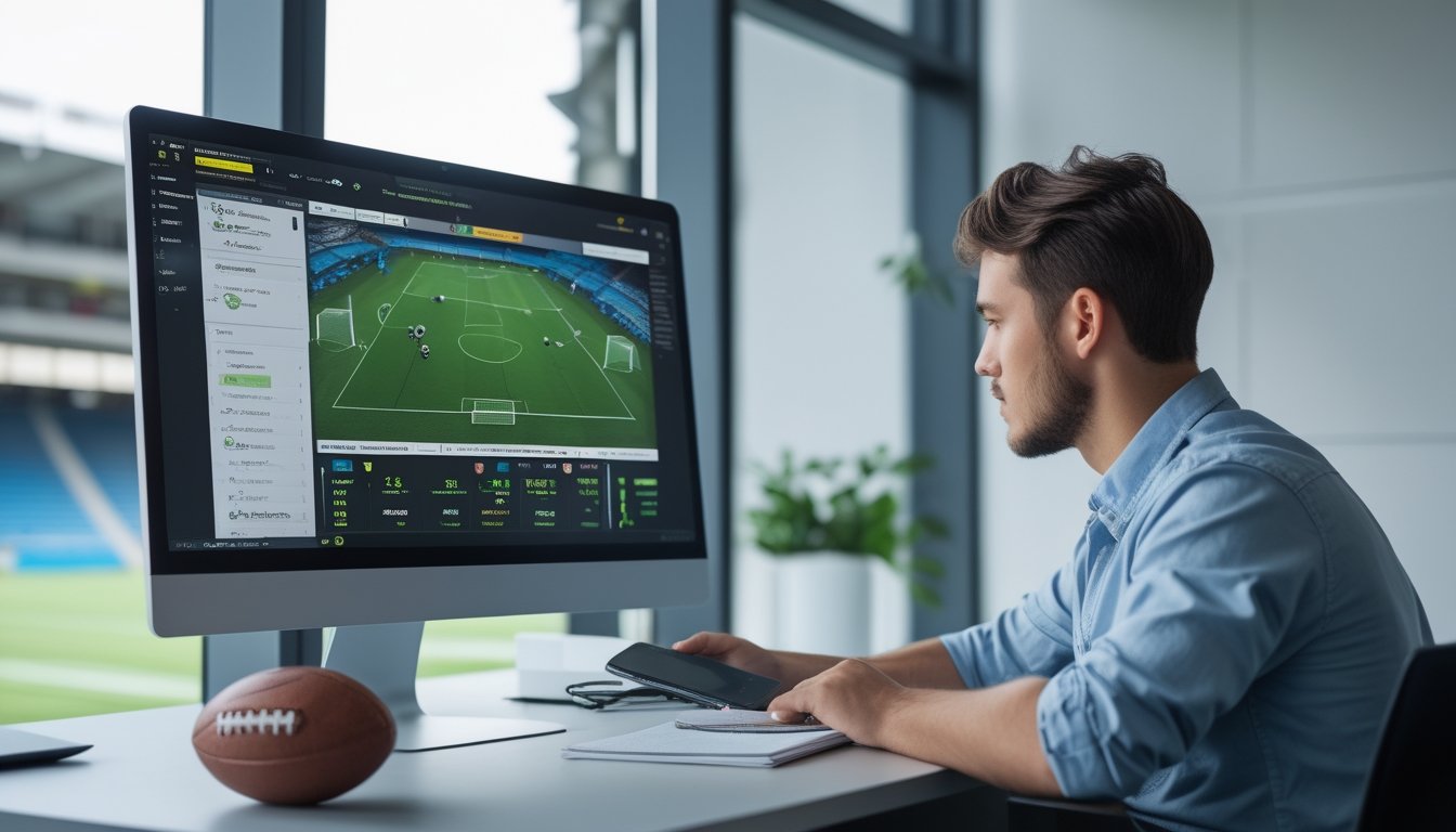 Seorang pemula mempelajari pertandingan sepak bola melalui komputer dan ponsel.