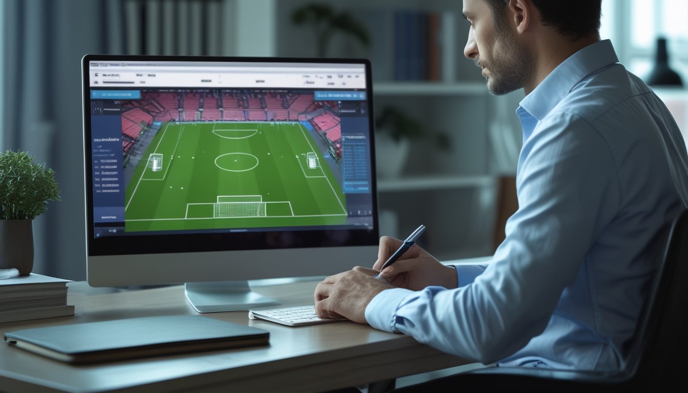 Seseorang mempelajari informasi pertandingan sepak bola di meja dengan laptop dan buku catatan.