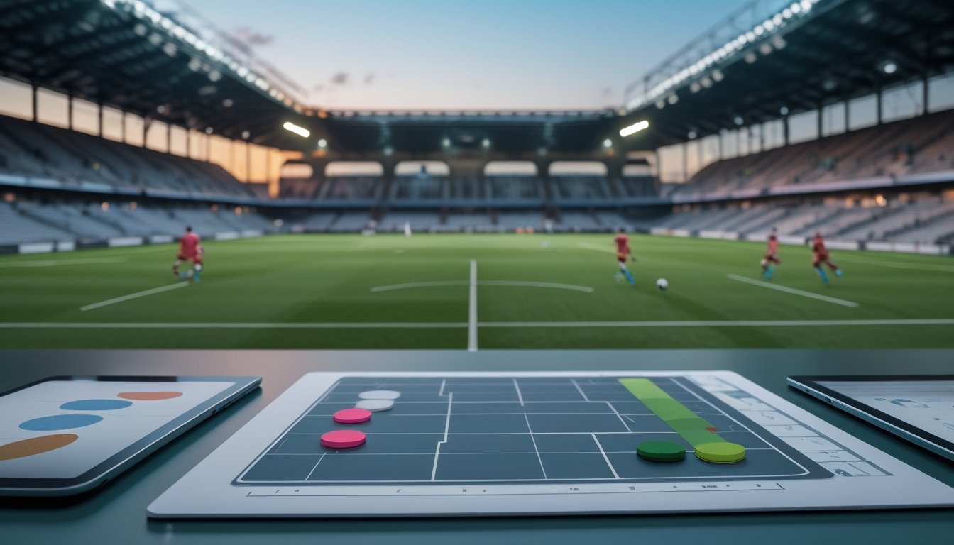 Dua tim sepak bola bertanding di stadion, dengan lembar analisis pertandingan dan tablet di meja depan.