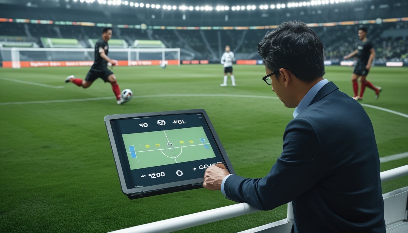 Seorang analis sepak bola mengamati pertandingan sambil melihat diagram sederhana di tablet.