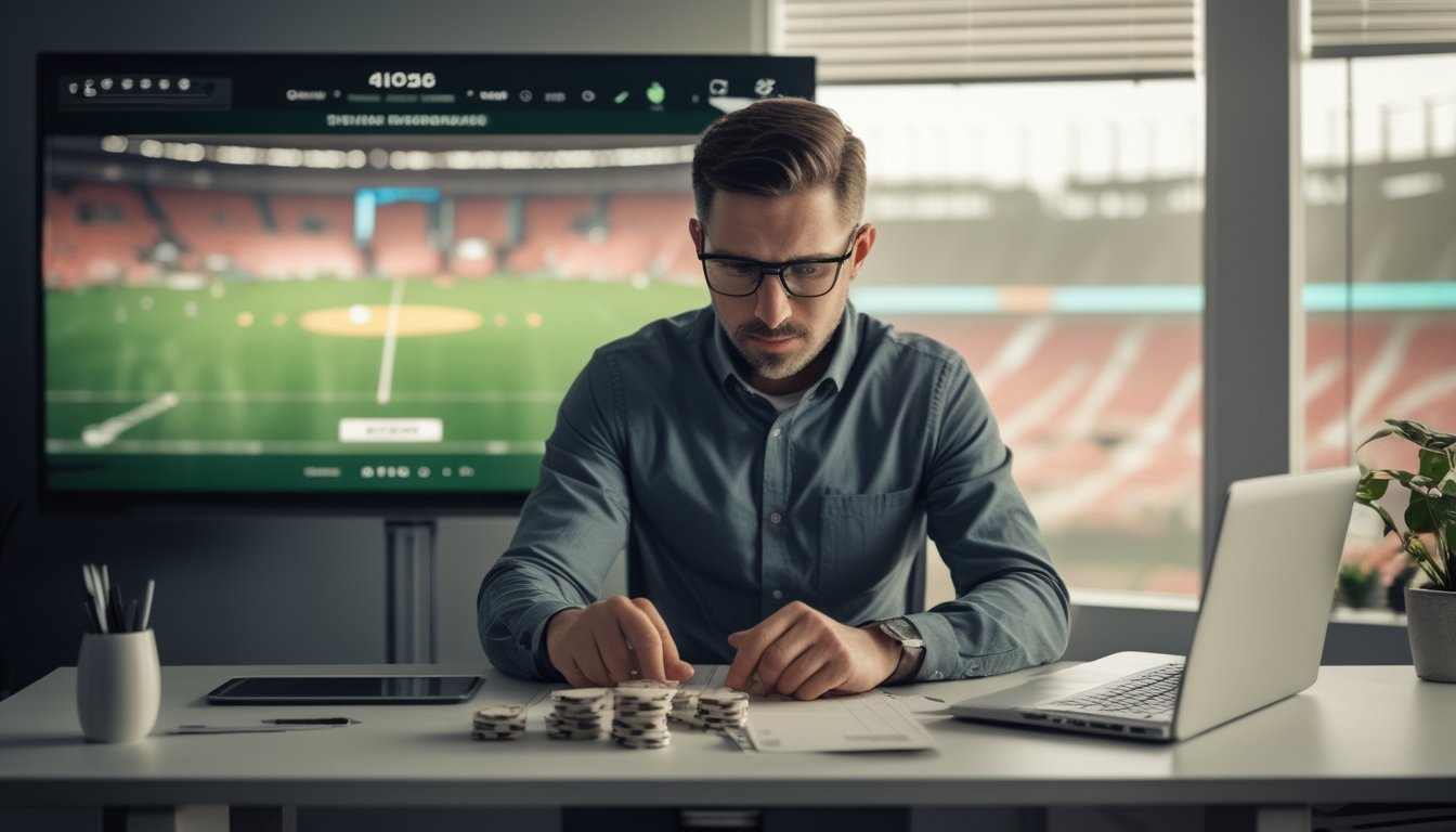 Seorang analis mengatur anggaran di meja sambil menonton turnamen sepak bola.