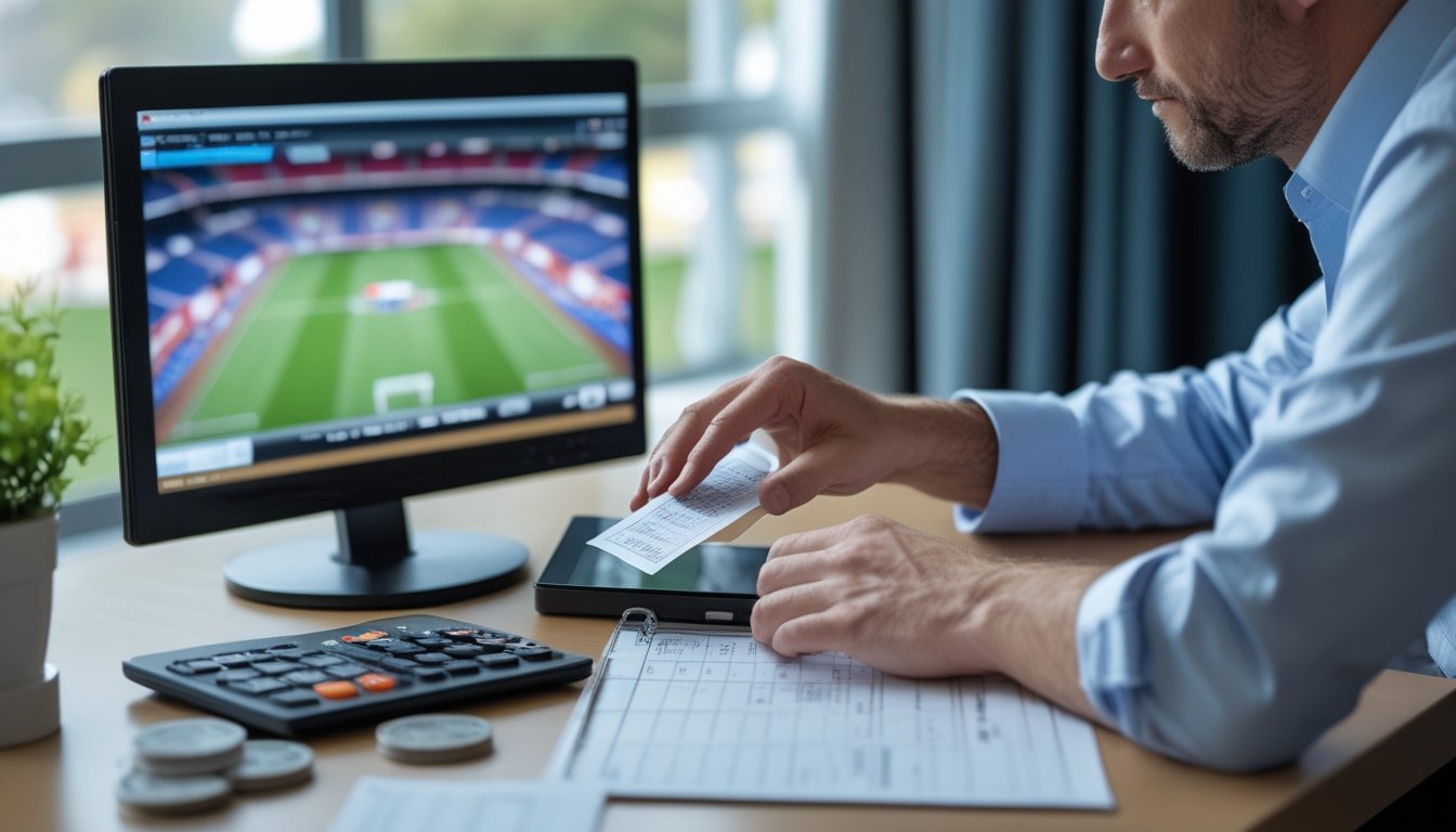 Seorang penggemar sepak bola menyusun anggaran di meja sambil menonton pertandingan.