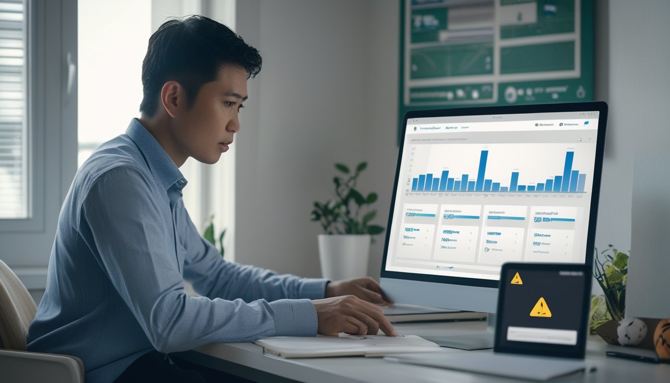 Seseorang memeriksa informasi analisis pertandingan sepak bola di laptop dengan cermat.