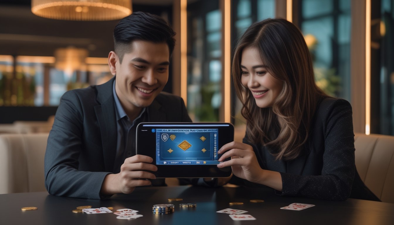 Seorang pria dan wanita melihat tablet di meja dengan kartu dan keping poker.
