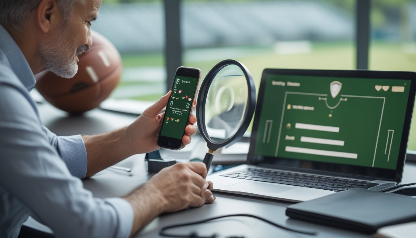 Seseorang memeriksa ponsel dan laptop di meja dengan perlengkapan bertema sepak bola.