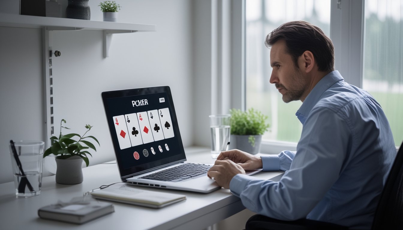 Seseorang mempelajari permainan poker di laptop sambil mencatat strategi di meja.