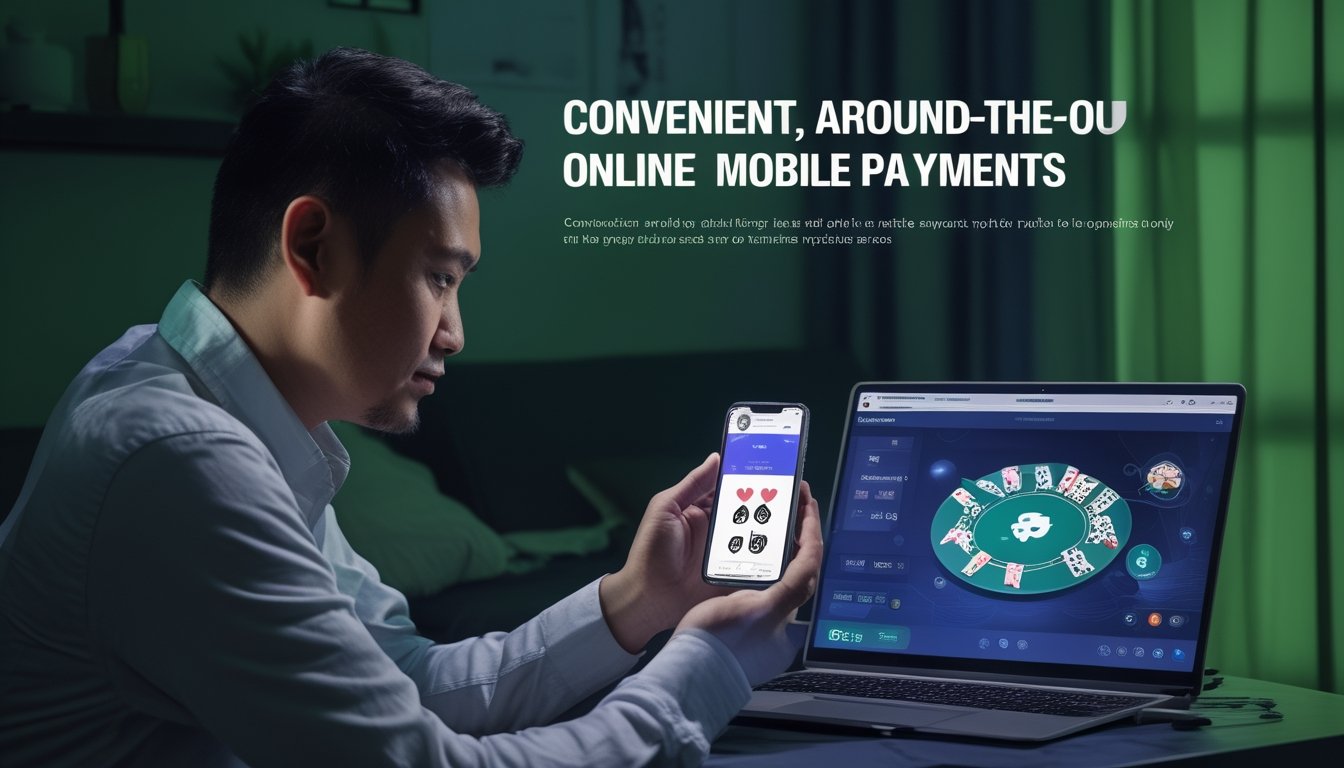 Seorang pria menggunakan ponsel di samping laptop dengan permainan poker dan chip.