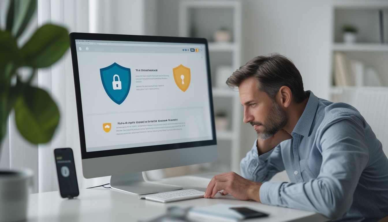 Seseorang memeriksa keamanan platform online melalui laptop di meja kerja.