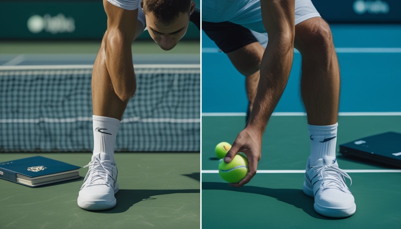 Seorang pemain tenis bersiap melakukan servis di lapangan.