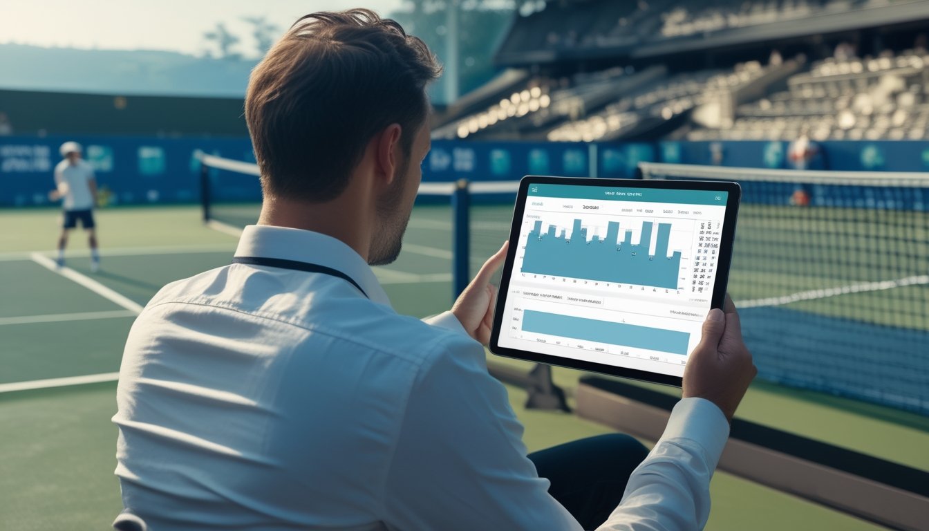 Seorang analis tenis mengamati tablet di tepi lapangan saat pemain bersiap melakukan servis.