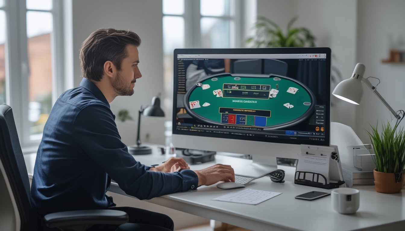 Seorang pemain poker memperhatikan permainan kartu di layar komputer.