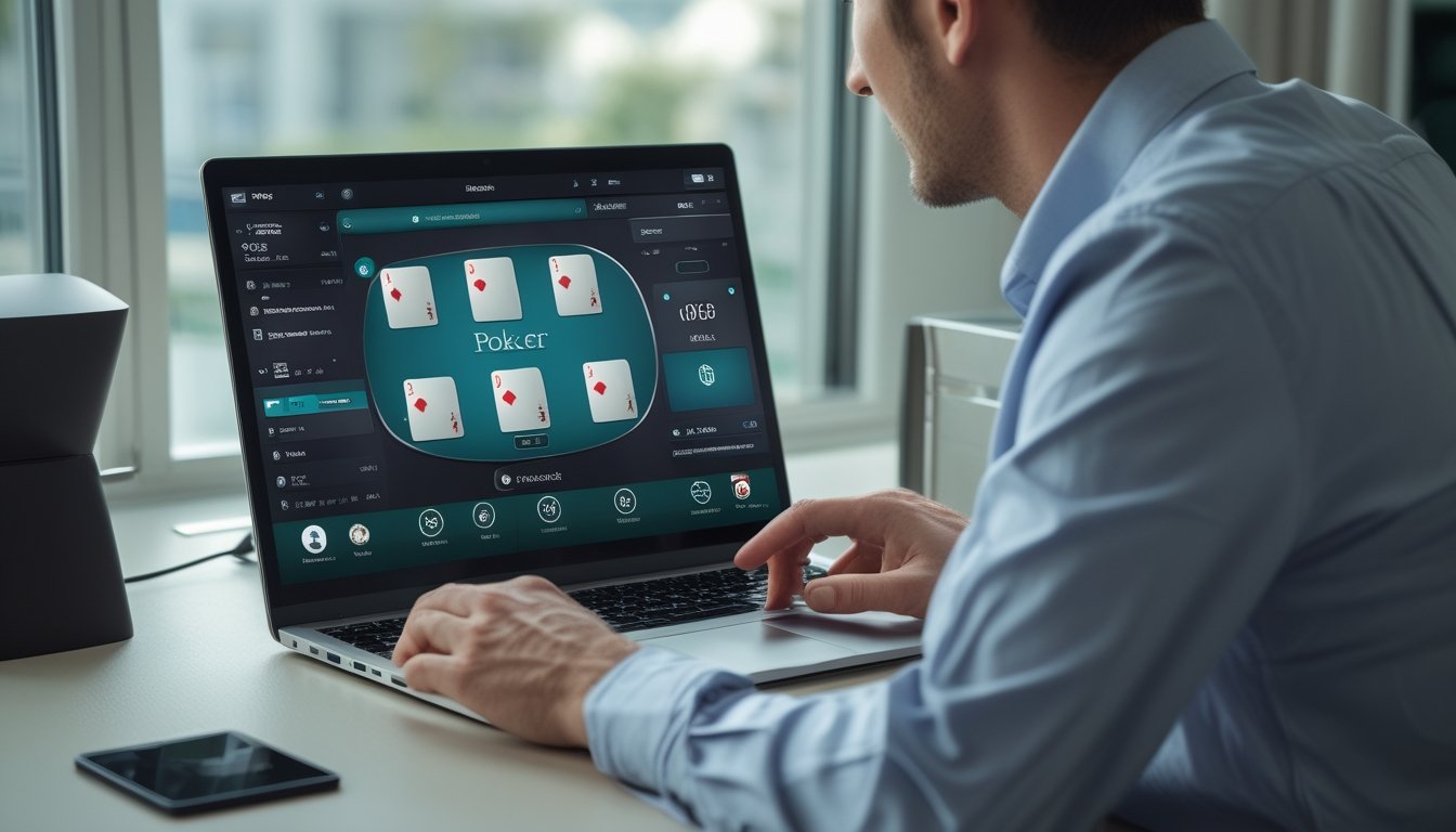 Seorang pemain meninjau permainan poker daring di laptop dengan tumpukan chip di meja.