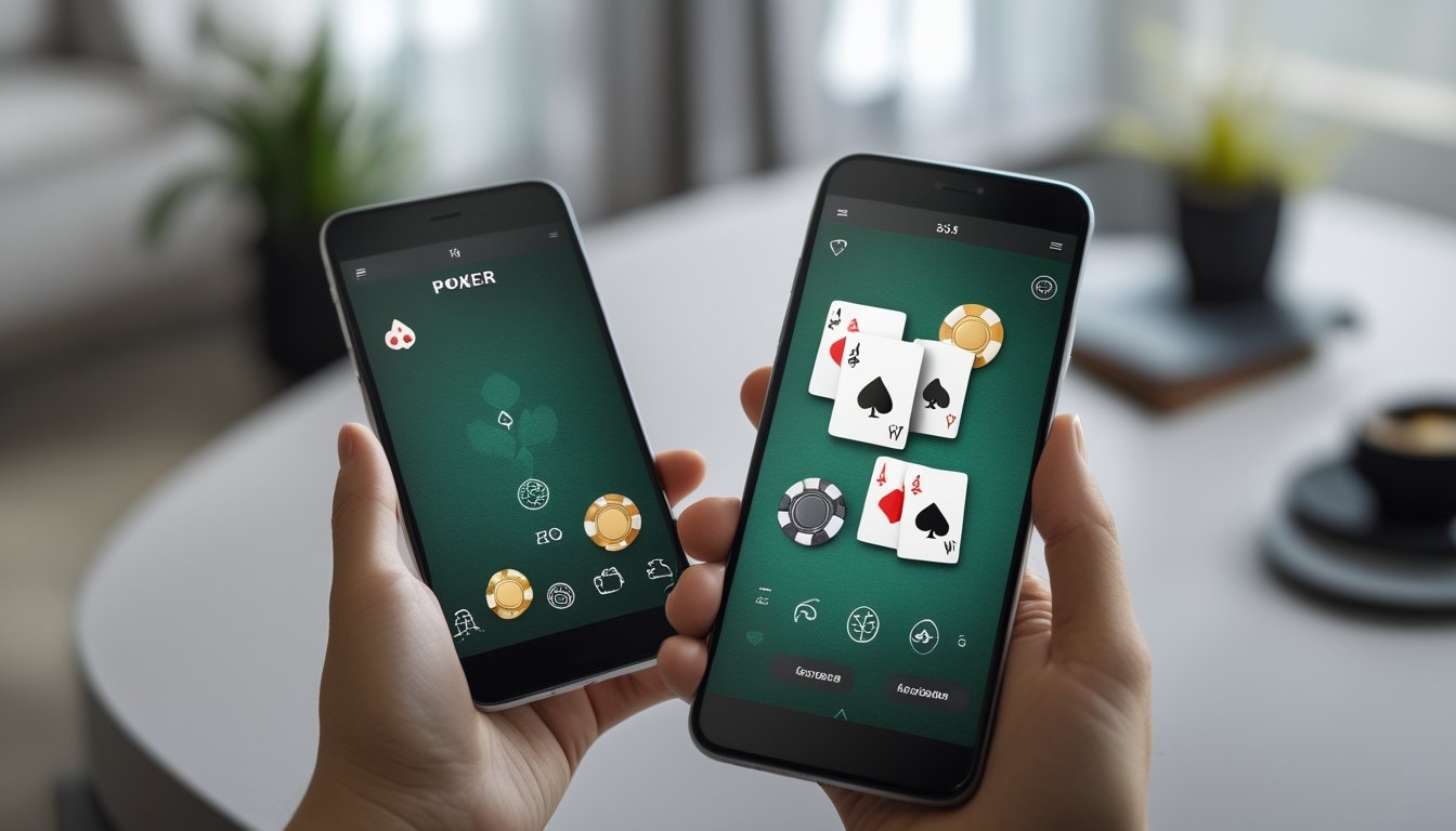 Dua ponsel menampilkan permainan poker dengan kartu dan keping poker.