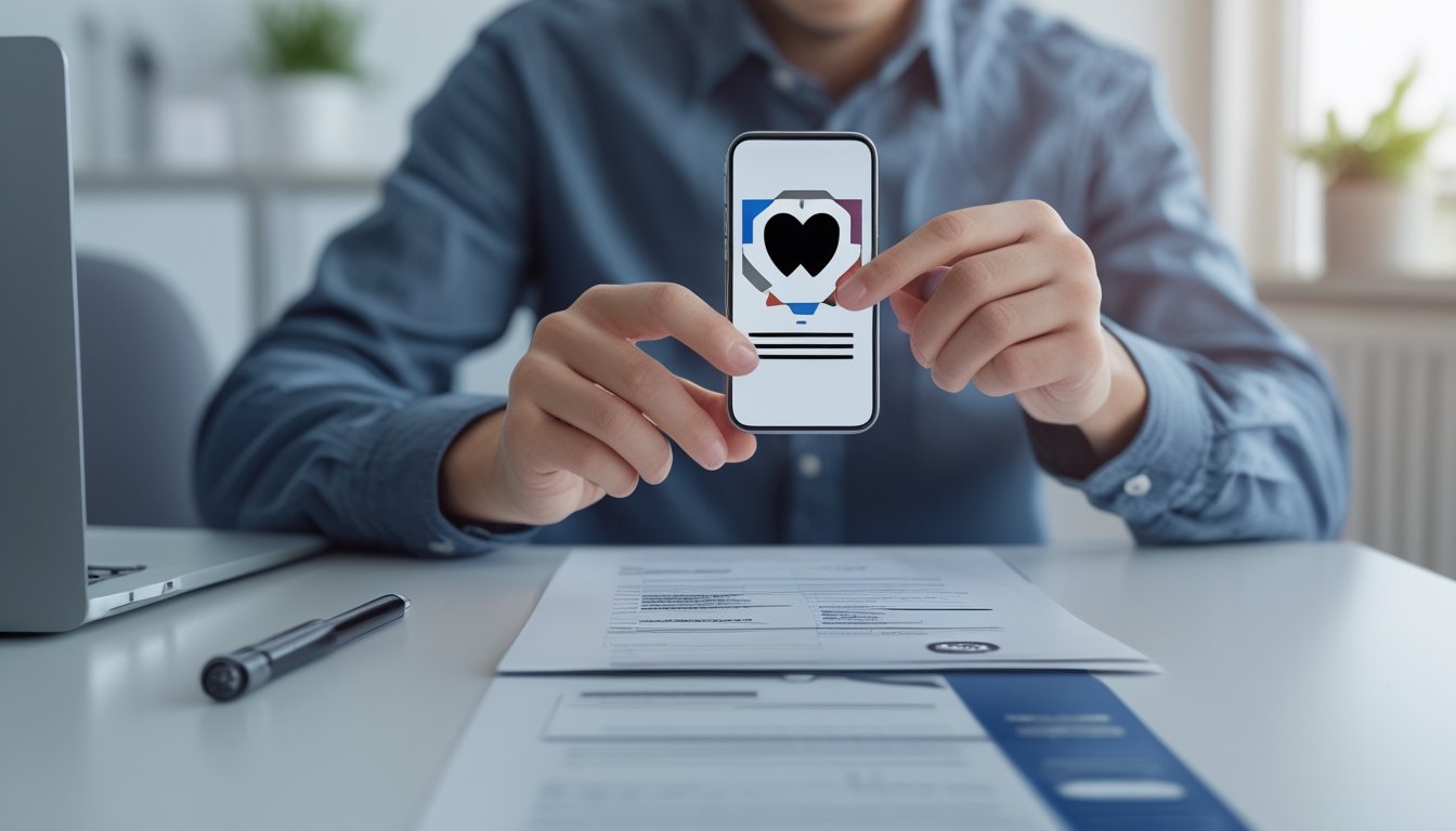 Seorang profesional memeriksa aplikasi poker di ponsel sambil meninjau dokumen di meja.