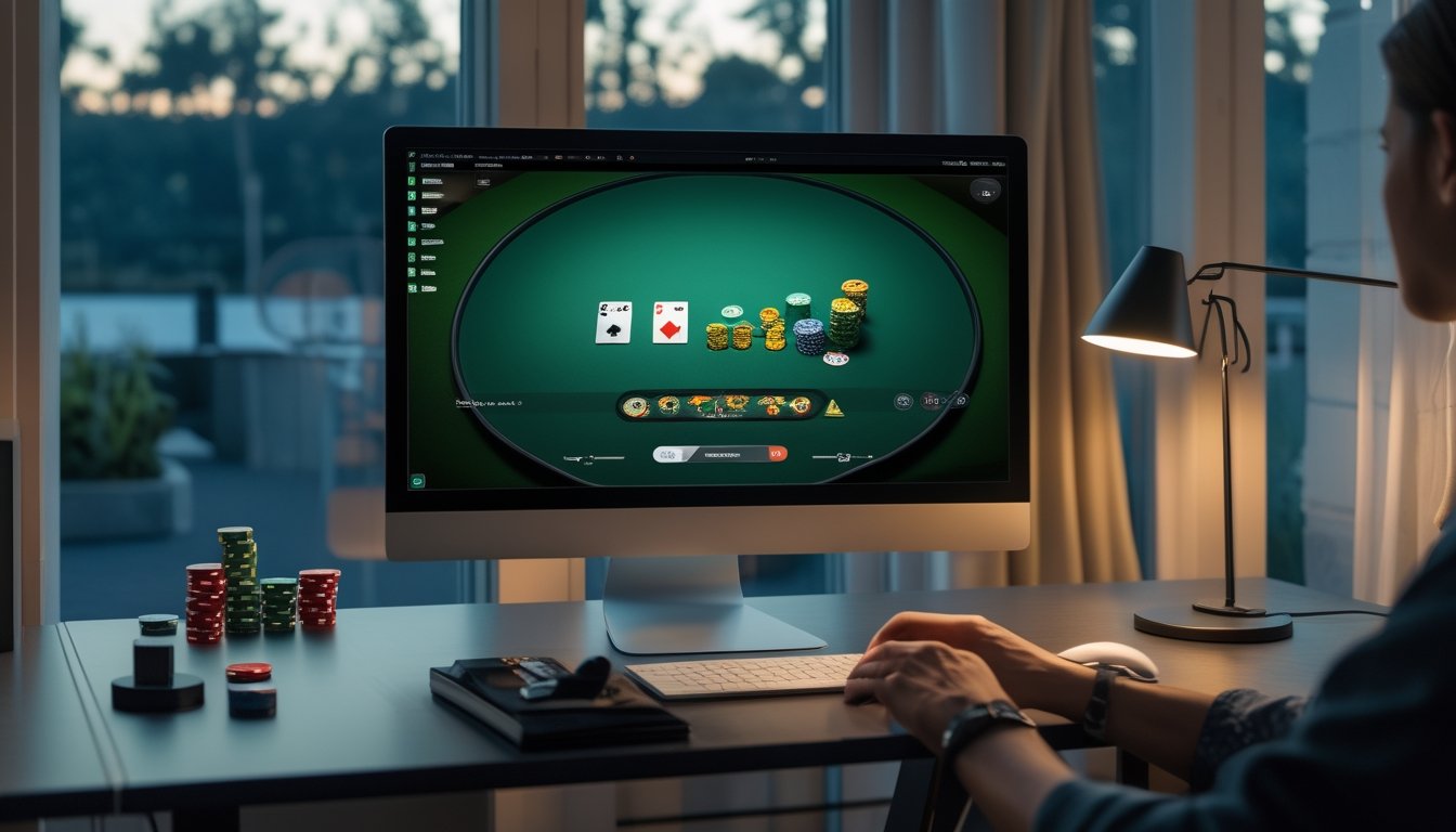 Tangan seseorang menggunakan komputer yang menampilkan meja poker digital.