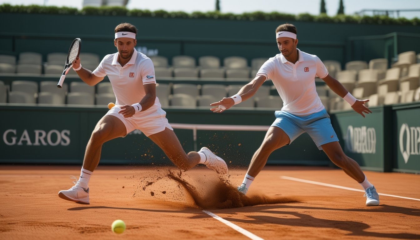 Dua pemain tenis bertanding di lapangan tanah liat.