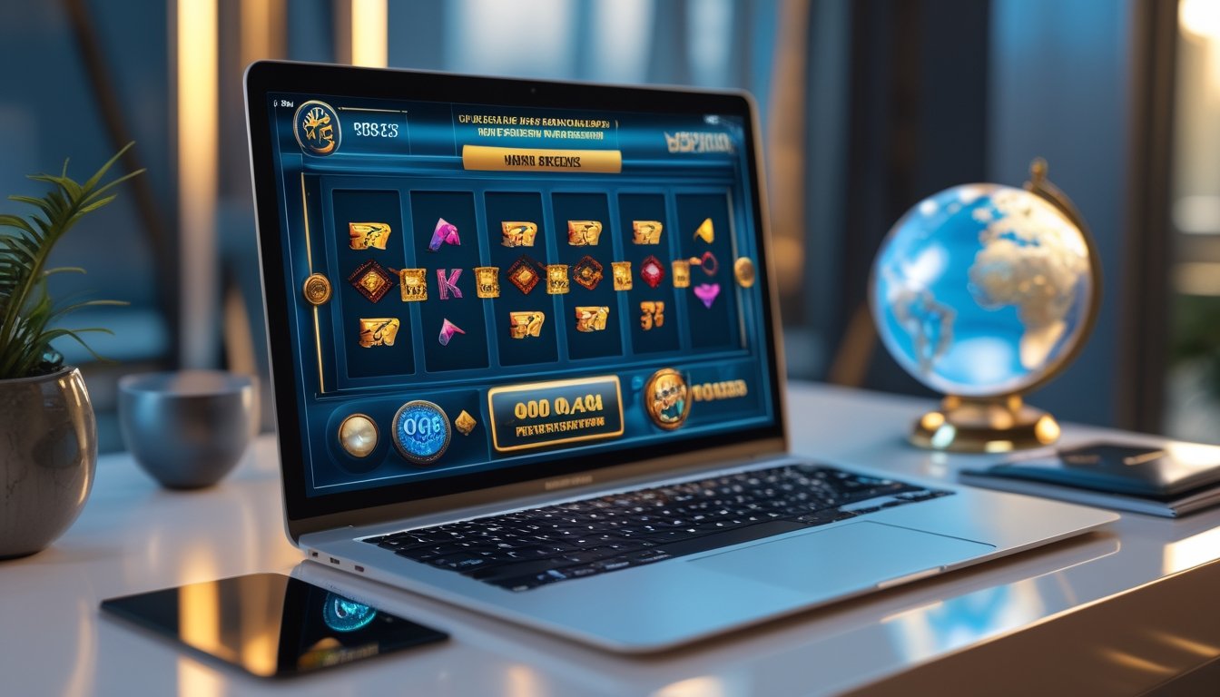 Laptop menampilkan permainan slot abstrak di meja, dengan globe dan jam di sampingnya.